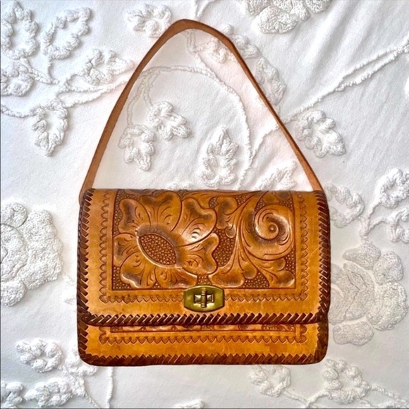 Vintage Handbags - Vintage Tooled Leather Floral Shoulder Bag Turn Lock Closure Braided Accents